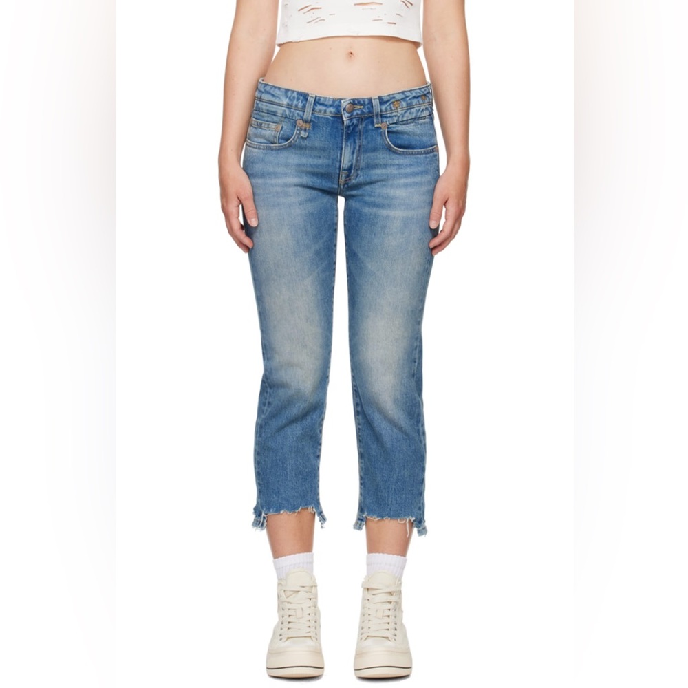 R13 Boy Straight W Rips Cropped Jeans Distressed Light Blue Wash Size US27